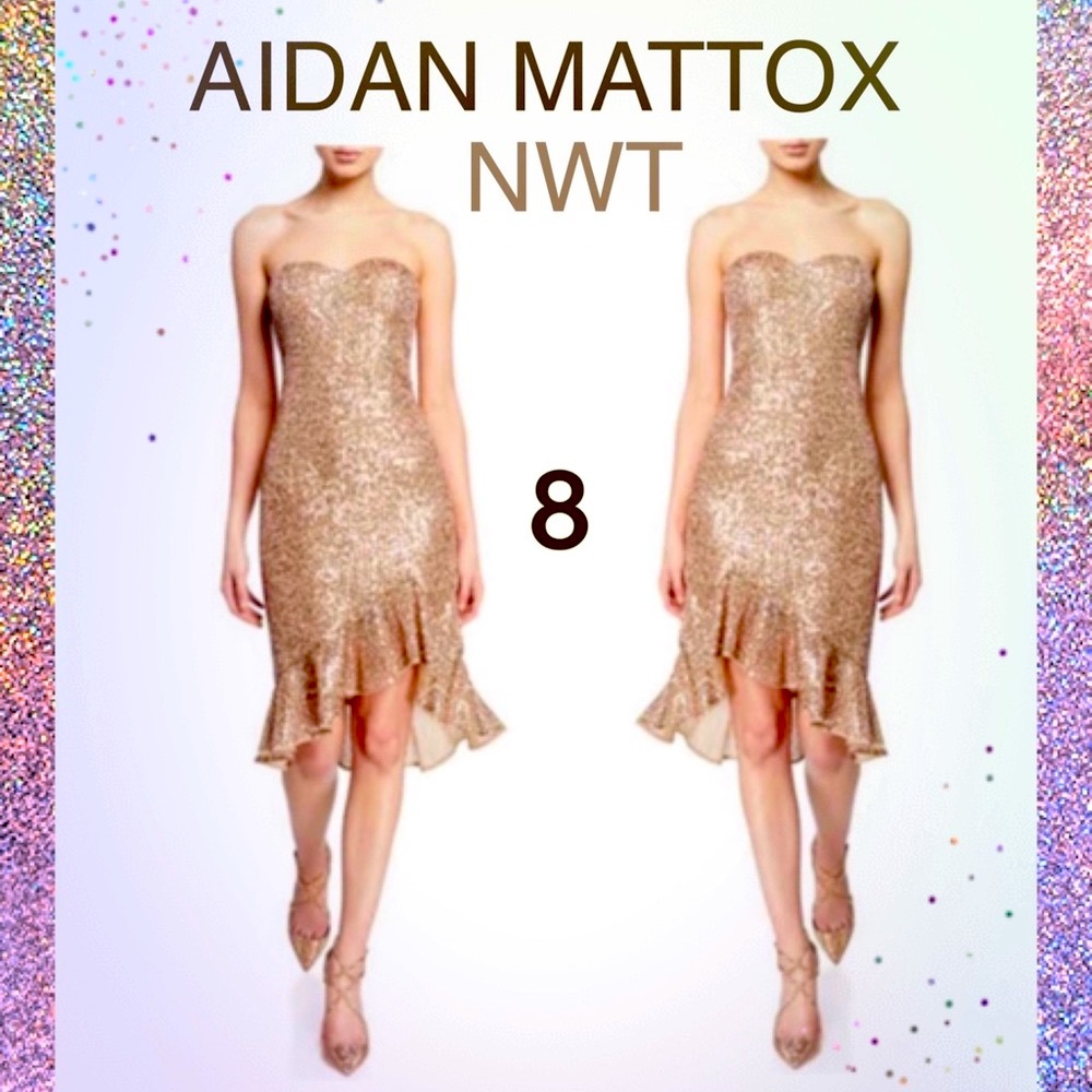 NWT (8) AIDAN MATTOX rose gold sequin embellished dazzling runway red carpet